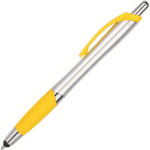 A stylus pen featuring a silver barrel and a bright yellow grip and details, complete with a logo.