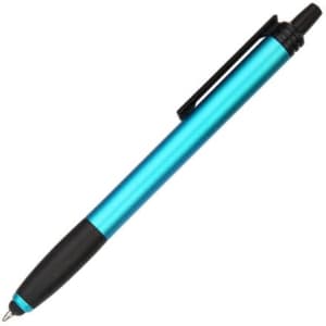 A stylus pen in a vibrant blue colour with a black grip and clip, featuring a sleek metallic finish.