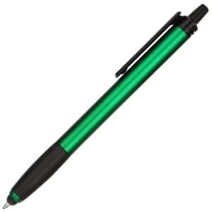 A green stylus pen with a black grip and clip, featuring a sleek metallic finish and a logo.