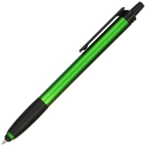A green stylus pen with a black grip and clip, featuring a logo on its body.