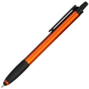 An orange stylus pen with a black grip and clip, featuring a logo on the body.