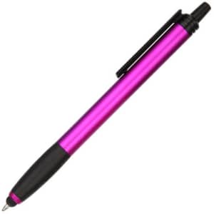 A stylus pen in vibrant pink with a black grip and clip, featuring a silver tip.