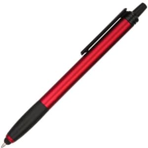 A red stylus pen with a black grip and clip, featuring a sleek metal design.