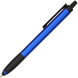 A blue stylus pen with a black grip and clip, featuring a sleek, metallic design.