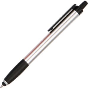 A stylus pen featuring a silver barrel with a black grip and clip, displaying a simple design.