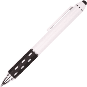 A telescope pen in white and black with a stylus tip, featuring a sleek design and a clip for easy attachment.