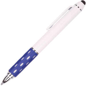 A telescope pen featuring a blue and white design with a polka dot pattern and a stylus tip.