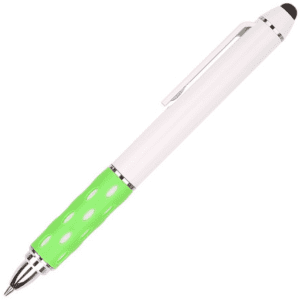 A white pen with a green rubber grip and a stylus tip, featuring a silver clip and accents.