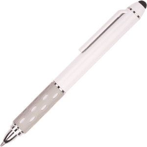 A white telescope pen with a silver metallic grip and a stylus tip for touchscreen devices.