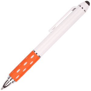 A telescope pen with a white barrel and an orange dotted grip, featuring a stylus tip and a clip.