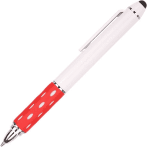 A red and white telescope pen featuring a polka dot grip and a silver clip, with a stylus tip at the end.