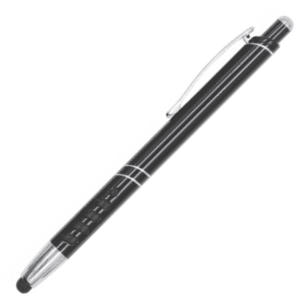 A metal pen in black, featuring a silver clip and detailing, with a stylus tip at one end.