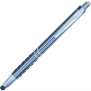 A metal pen with a sleek silver design and black grip, featuring a cap and a touch stylus tip.