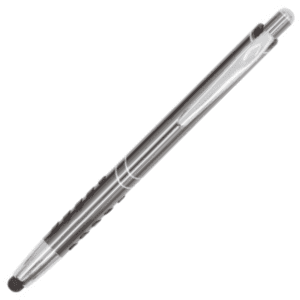 A metal pen with a sleek silver design and a black grip, featuring a stylus tip. It has a branding logo.