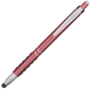 A metal pen in a red colour with a silver clip and a textured black grip.