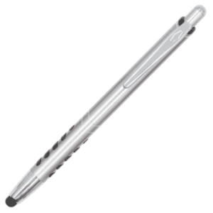 A metal pen with a silver finish and a black grip, featuring a logo on its body.