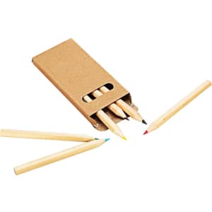 A coloured pencil set in a brown cardboard case, featuring pencils in red, blue, yellow, and black.