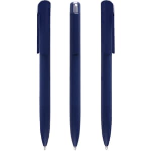 A set of navy blue metal pens displayed from three different angles. Each pen features a clip and sleek design.