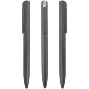 A set of three sleek grey metal pens featuring a clip and a polished silver detailing.