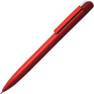A red metal pen with a sleek design and a silver clip, featuring a logo on the barrel.