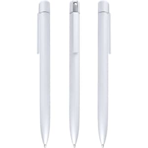 Three white metal pens are displayed, featuring a sleek design and a clip for easy attachment.