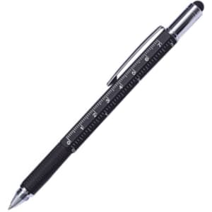 A metal pen with a black textured grip and chrome accents, featuring a ruler along its side and a stylus tip.