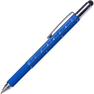A blue metal pen with a textured grip, featuring a ruler design and a stylus tip. It has a silver clip and detailing.