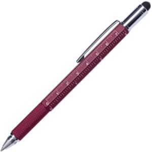 A metal pen in a burgundy finish with a textured grip and a ruler etched on the barrel, featuring a logo.