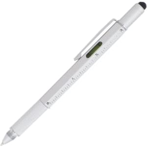 A silver metal pen with a ruler and spirit level, featuring a textured grip and a stylus tip.