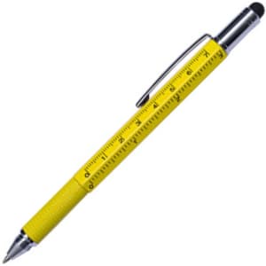 A yellow metal pen with a ruler design along the barrel and a stylus tip, featuring a silver clip and accents.