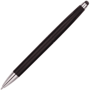 A black stylus pen with a metallic silver tip and a soft touch point for screens, featuring a logo.