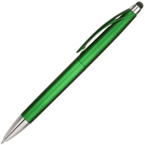 A green stylus pen with a silver tip and a clip, featuring a logo on the body.