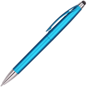 A blue stylus pen with a shiny metallic finish and a silver tip, featuring a clip and a logo.