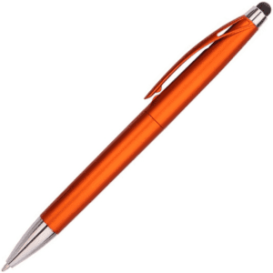 An orange stylus pen with a metallic finish and chrome accents, featuring a branding logo.
