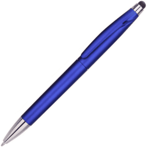 A blue stylus pen with a sleek design and a silver clip, featuring a smooth writing tip and a stylus tip.
