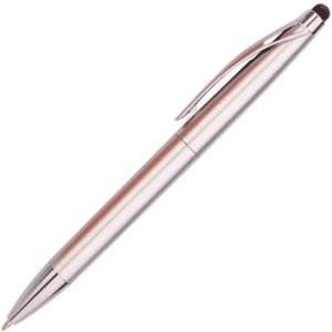 A silver stylus pen with a sleek design and a clip for easy attachment. It features a soft tip for touchscreens.