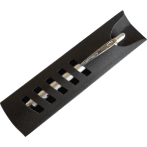 A sleek black pen pouch with cut-out slots, containing a silver pen. The pouch features a simple design and a brand logo.
