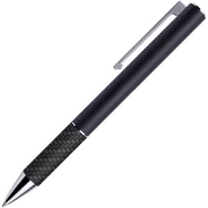 A metal pen with a sleek black body and textured grip, featuring a silver clip and chrome tip.