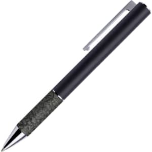 A metal pen with a sleek black body and a textured grey grip, featuring a silver clip and ballpoint tip.
