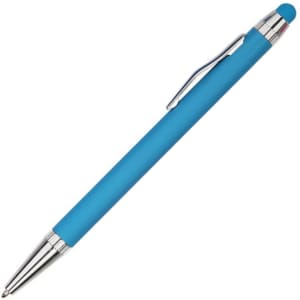A metal pen in a vibrant blue colour with a silver trim and clip, featuring a smooth grip and a stylus tip.