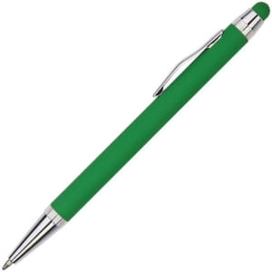 A green metal pen with a shiny silver clip and tip, featuring a textured rubber grip. It includes a logo.