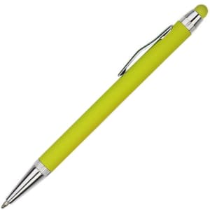 A metal pen in vibrant lime green with a chrome clip and tip, featuring a branding logo.