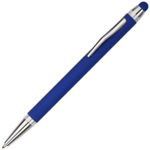A blue metal pen with a silver clip and tip, featuring a soft-touch grip and stylus end.