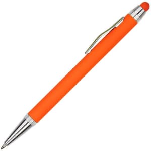 An orange metal pen with a shiny silver clip and tip. The pen features a textured grip for comfort.