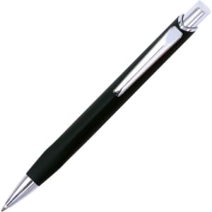 A black metal pen with a sleek design and a chrome clip, featuring a logo on the body.