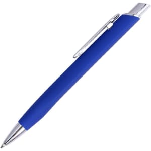 A blue metal pen with a silver clip and a smooth grip. The pen has a sleek design and features a branding logo.