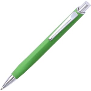 A green metal pen with a silver clip and tip. It features a sleek design and a smooth finish.