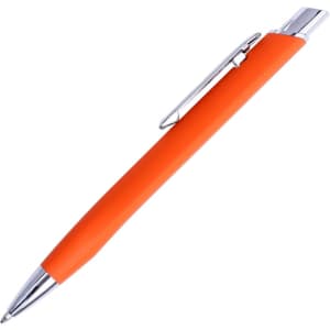 An orange metal pen with a shiny silver clip and trim, featuring a smooth, modern design.