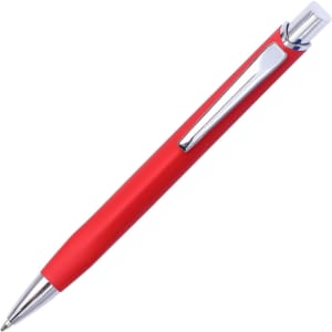 A red metal pen with a chrome clip and tip, featuring a sleek design and a logo on the body.