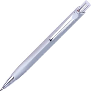 A metal pen with a sleek grey body and chrome accents, featuring a clip for easy attachment.